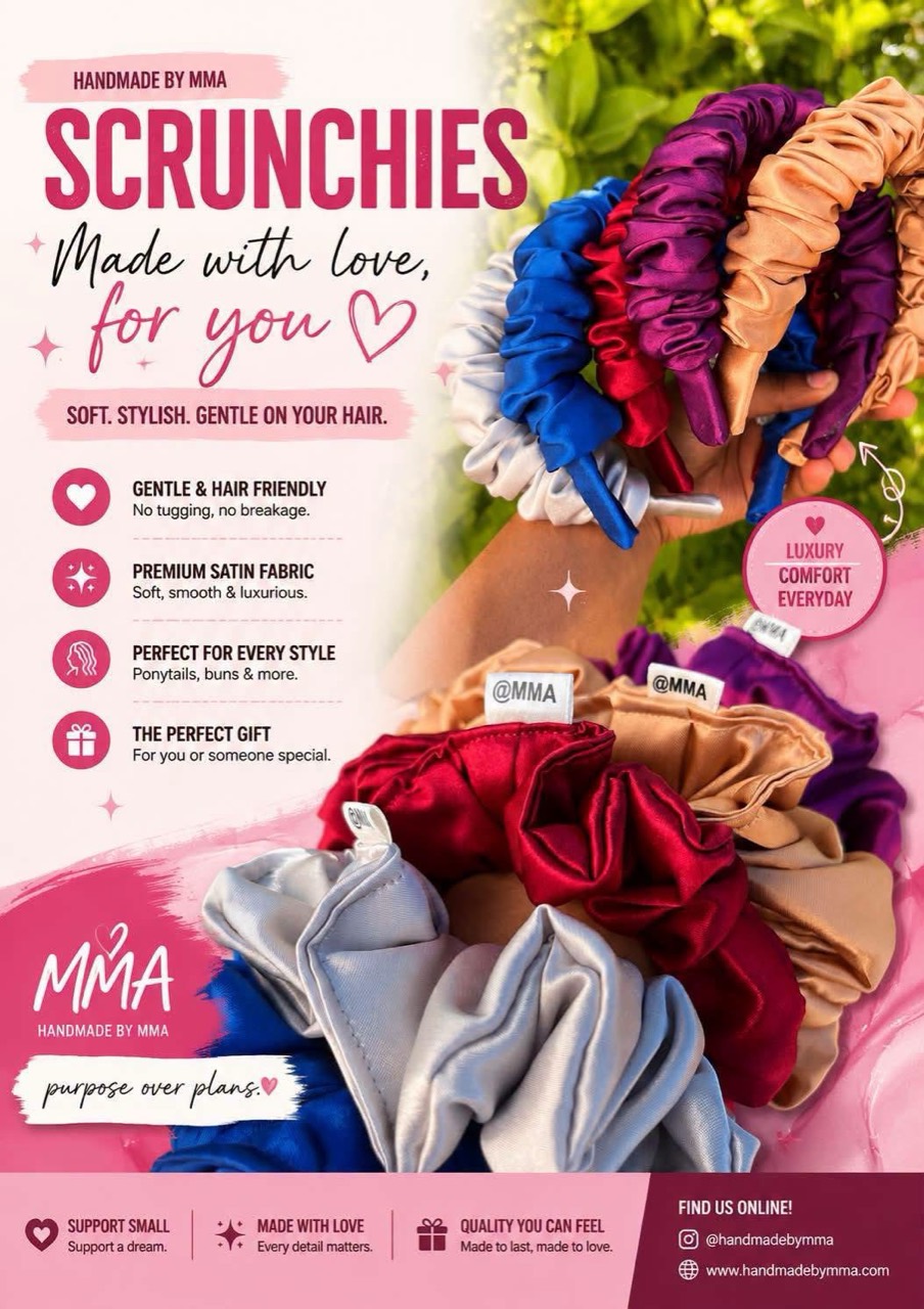A colourful collection of Handmade by MMA satin scrunchies and Alice bands